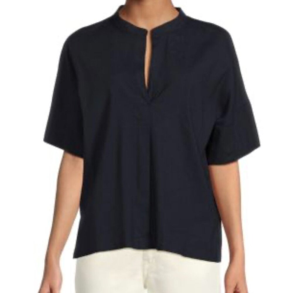 Vince Blouse Split Mandarin Neck Short Sleeve Linen Blend Lightweight Navy Sz SP